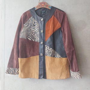 Vintage 80s  Patchwork Leather Bomber jacket multicolored, L/Glam Rock/Vest/Patchwork colourful leather jacket DINOz