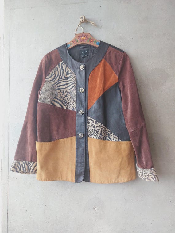 Vintage 80s Patchwork Leather Bomber Jacket Multicolored, L/glam