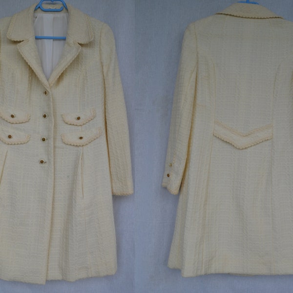 1960er Jahre Hochzeit Weißer Creme Mantel / Vintage 60er Abend Handgemachte Lange Medium Winterjacke / Mantel Ivory Tweed Woll-Stoff, Größe S