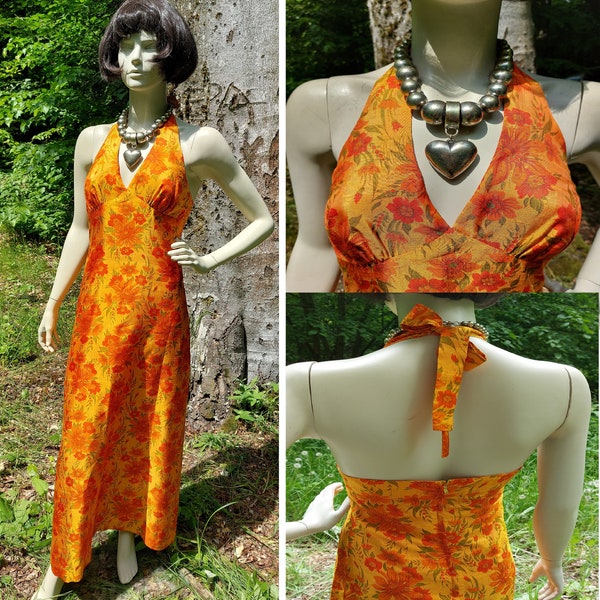 Backless Silk Dress / Summer Dress / Boho Dress / Easy Dress / Vintage Dress Chic Yellow Hippie Style Handmade Silk Dress Size 40-42 (XS-S)