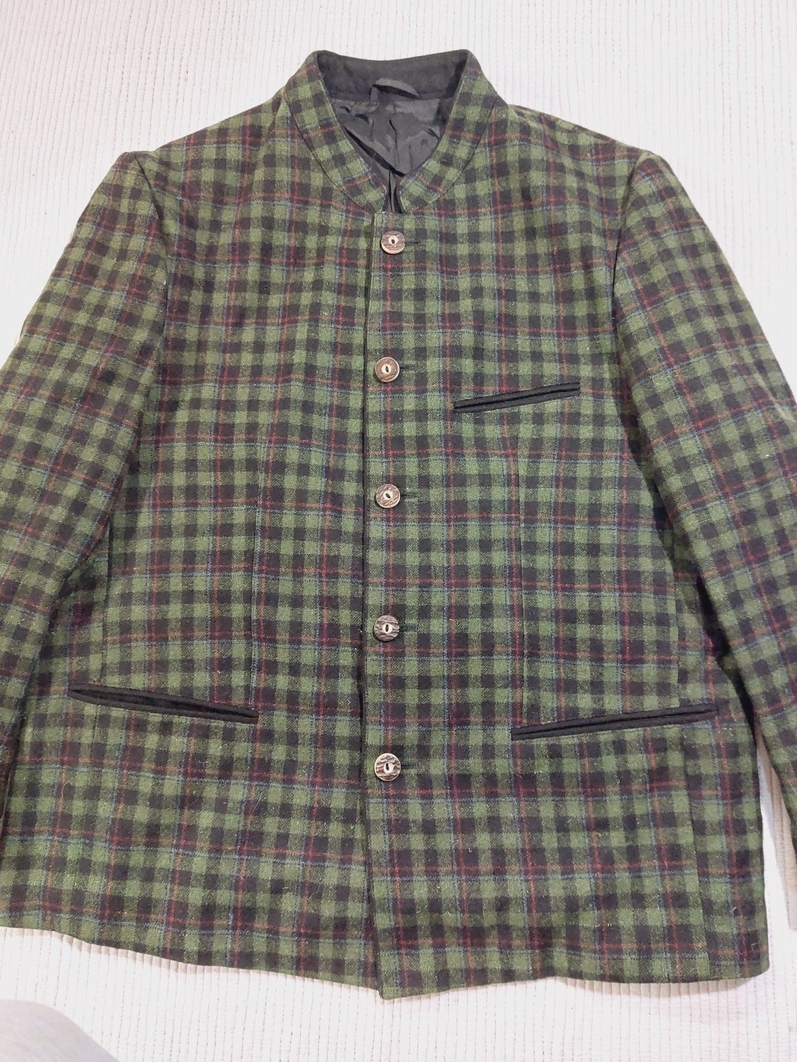 Vintage men Dirndl  Jacket Wool green moss Austrian Bavarian  Blazer Traditional Tyrolean Loden coat checkered PE-KO Chest 60 cm, photo 4 of 5