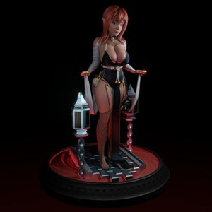 May include: A 3D-rendered figurine of a female character with red hair and pointed ears, wearing a black and gold outfit. She stands on a red platform with two ornate lanterns on either side. The figure is detailed with intricate designs.