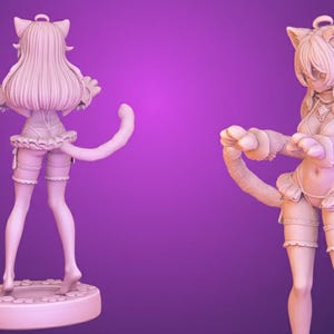 May include: A light pink figurine of a cat-eared character in a playful pose. The figure has long hair, a tail, and is wearing a costume with frills. The image shows the figure from the front and back, set against a purple gradient background.
