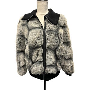 Chaqueta vintage de patchwork de piel sintética, cuello de punto negro, talla S