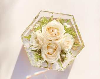 Wedding Bouquet Preservation Keepsake | Hexagon Ringholder shape Block | Bridal Bouquet Flowers Resin Floral Preservation | Wedding Gift