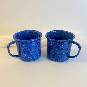 Vintage Blue and White Speckled Enamelware Enameled Cups - Set of 2