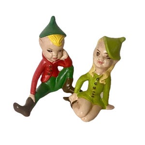 Figuritas de cerámica vintage de duendes y hadas – Figuritas de niño y niña, juego de 2 figuras navideñas de mediados de siglo.