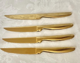 Gold Steak Knives Set of 4 - Stainless Steel Serrated Kitchen Knife Set
