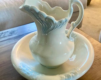 Vintage Arnel's Style Pottery Pitcher and Wash Bowl Set, Blue and White Swirl