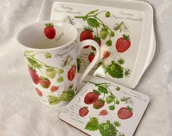 Kent Pottery Strawberry Mug / Cup, Tray & Coaster Snack Set - Cottagecore, Whimsical