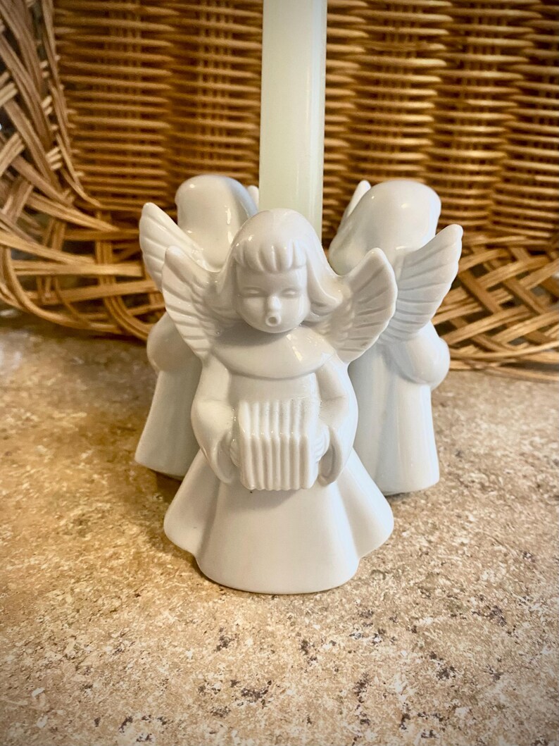 Vintage Candlestick Holder - Angel Trio W/ Musical Instruments - Bisque ...
