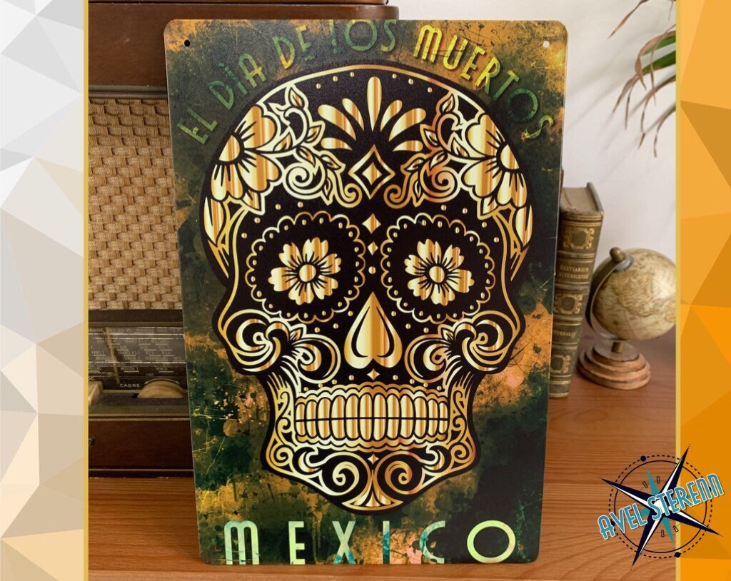 Plaque Métal Déco, Style Vintage, 20x30cm - Mexico Tête de Mort
