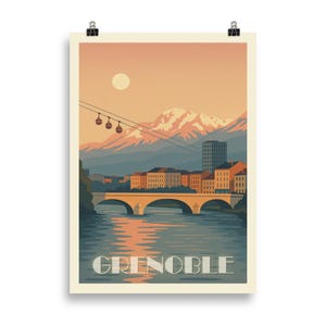 Grenoble Poster – Vintage Illustration of the Panorama with the Alps, Isère and the Cable Cars | Retro Wall Decor Poster