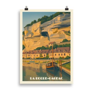 Affiche La Roque-Gageac – Illustration Vintage du Village au Bord de la Dordogne | Poster Déco Rétro Sud-Ouest | Cadeau Dordogne Périgord