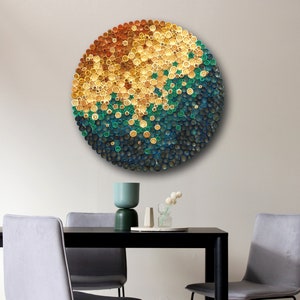 3D Wooden Mosaic Tropical Coast Round Wall Art | Turquoise & Beige Abstract Beach Home Wall Decor | Modern Unique Wooden Acoustic Panel