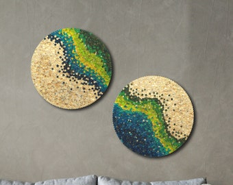 Set of 2 Nature Inspired 3D Wooden Round Mosaic Wall Art | Blue & Green Abstract Acoustic Wall Decor | Modern Unique Wooden Sound Diffuser