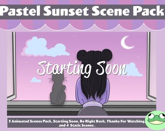 Pastel Sunset Twitch Animated Scene Pack, 3 Animated scenes, Thanks For Watching, Be Right Back, Starting Soon and 4 static scenes