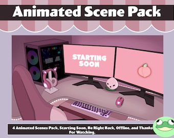 Kawaii Twitch Animated Scene Pack, 4 Animated scenes, Thanks For Watching, Be Right Back, Starting Soon, and Offline