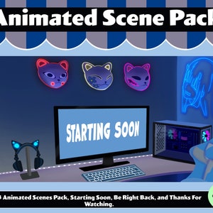 Kawaii Twitch Animated Scene Pack, 4 Animated scenes, Thanks For Watching, Be Right Back, Starting Soon, and Offline