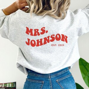 Personalized Gift For Bride | Engagement Gift | 70&#39;s Style Mrs Personalized Sweatshirt | Custom Mrs Ringfinger Sweatshirt | Honeymoon Gift