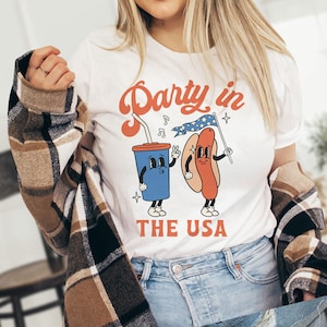 Party In The Usa Hotdog And Shake T-Shirt | Retro 4th Of July Shirt | July 4th American Tee | Cute Red White And Blue Tee