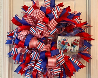 Summer Wreath, Fourth of July Wreath, Front Door Wreath, Memorial Day Wreath, Ribbon Wreath, Deco Mesh Wreath, Americana Wreath