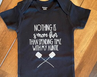 Adorable “Nothing is S’more Fun Than Spending Time With My Auntie” Black Baby Bodysuit, Sized 3-6 Months