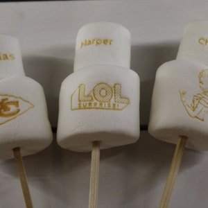 Custom Engraved Marshmallows on a Wooden Pick, perfect for Hot Cocoa, Cupcake Toppers & Much More!