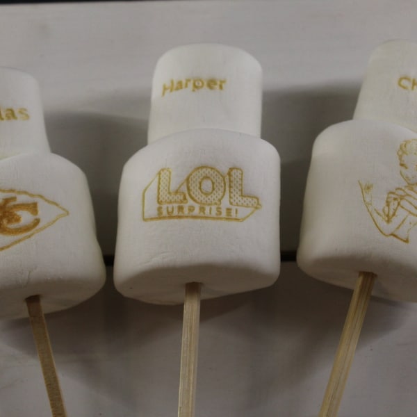Custom Engraved Marshmallows on a Wooden Pick, perfect for Hot Cocoa, Cupcake Toppers & Much More!