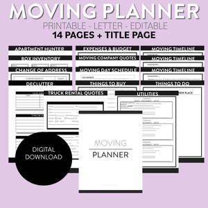 Complete Moving Planner, 15 pages, Printable- Editable PDF