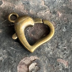 6 Antique Brass Heart Clasps, Heart Lobster Clasps, Heart Bracelet Closure, Heart Fastener, Jewelry Making Supplies, 15x6mm
