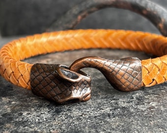 Cierre de gancho con cabeza de serpiente de cobre, cierre de cordón de cuero de 10 x 4,5 mm, cierre de cola de serpiente, Ouroboros, cierre para pulseras, cierre para hacer pulseras, piezas