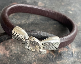 Schlangenhakenverschluss aus Süßholz, 10 x 6 mm Lederbandverschluss, Schlangenverschluss aus Silber, Schlangenkopfverschluss, Ouroboros