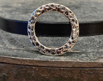 Round Hammered Ring Sliders for 10mm Flat Leather Antique Silver, Leather Bracelet Slider, Silver Jewelry Findings