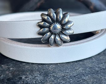 Silver Flower Slider for Flat Leather, 10mm Metal Daisy Spacer, Sunflower Bracelet Finding, Flower Bracelet Slider, Flat Leather Flower Bead