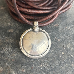 Large Silver Pendant, Round Disk Pendant, Silver Medallion Charm, Ethnic Findings,  Bohemian Pendant, Large Circle Charm, 3mm Cord Pendant