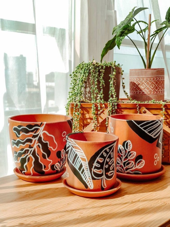 13/16/19cm Hand Painted Terracotta Pot Boho Plant Planter Etsy