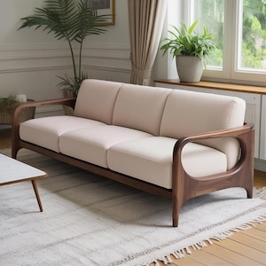 Modern Walnut Leather Sofa – Solid Wood Designer Couch, Minimalist Cream Upholstered Sofa for Luxury Living Room