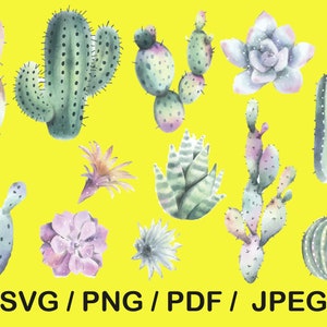 Aquarelle Cactus Clipart, svg cactus, fichier de coupe Cricut bundle, Clipart Cricut Silhouette Svg, svg de fleur de cactus, Png pour les chemises, Cricut