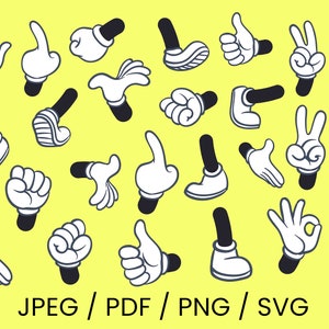 Mickey Mouse Hand and leg set, Cartoon Hands SVG BUNDLE, Hands digital files svg, Silhouette, Vector, Digital Files Cartoon gloves, cartoon