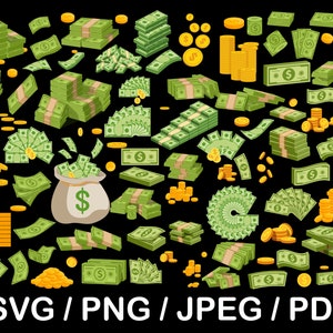 Clipart di soldi, design della borsa dei soldi, pacchetto di soldi, moneta, moneta in formato SVG, png, borsa Doller SVG, Doller PNG, pioggia di soldi, banconote, banconota, soldi