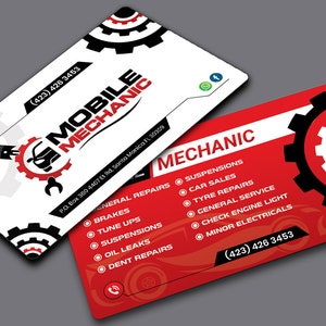 Design di biglietti da visita Meccanico mobile, biglietti da visita stampabili, biglietti da visita personalizzati, biglietti da visita stampabili, attività di meccanica mobile