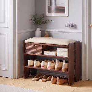 Solid Wood Shoe Changing Stool with Cushion, Entryway Shoe Rack Bench, Door Shoe Stool, Integrated Storage Bench for Home Entryway