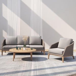 Outdoor Teak & Rattan Sofa Set – Modern Nordic Patio Furniture with Removable Cushions, Waterproof Courtyard Sofa for Villa, or Garden