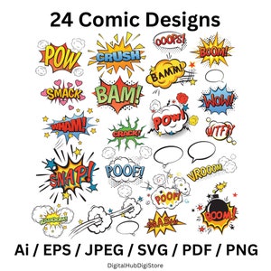 Bundle of 24 Comic Bubbles, Comic book cliparts, Cartoon Style, Comic Style Action bubble SVG, Clipart, Comic designs, Comic text Clip arts