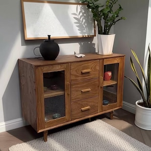Wabi-Sabi Solid Wood Sideboard with Glass Doors – Rustic 3-Drawer Storage Cabinet, Old Elm Buffet Console for Living Room, Dining Room