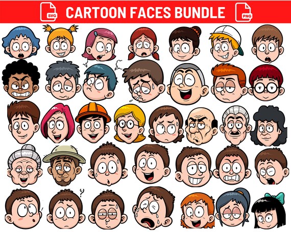 36 Cartoon faces SVG Bundle PNG Cartoon Faces Digital | Etsy