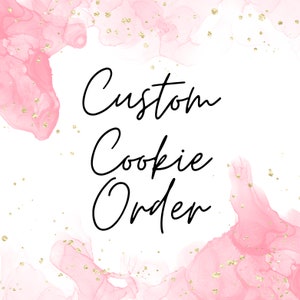 May include: A pink and gold watercolor background with the text "Custom Cookie Order" in black cursive font.
