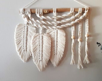 Macramé feather wall hanging in white gray navy green or brown, unique design with driftwood and beads!