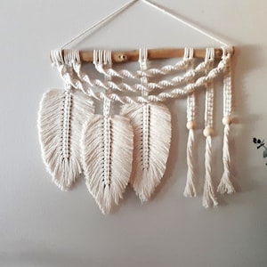 Macramé feather wall hanging in white gray navy green or brown, unique design with driftwood and beads!